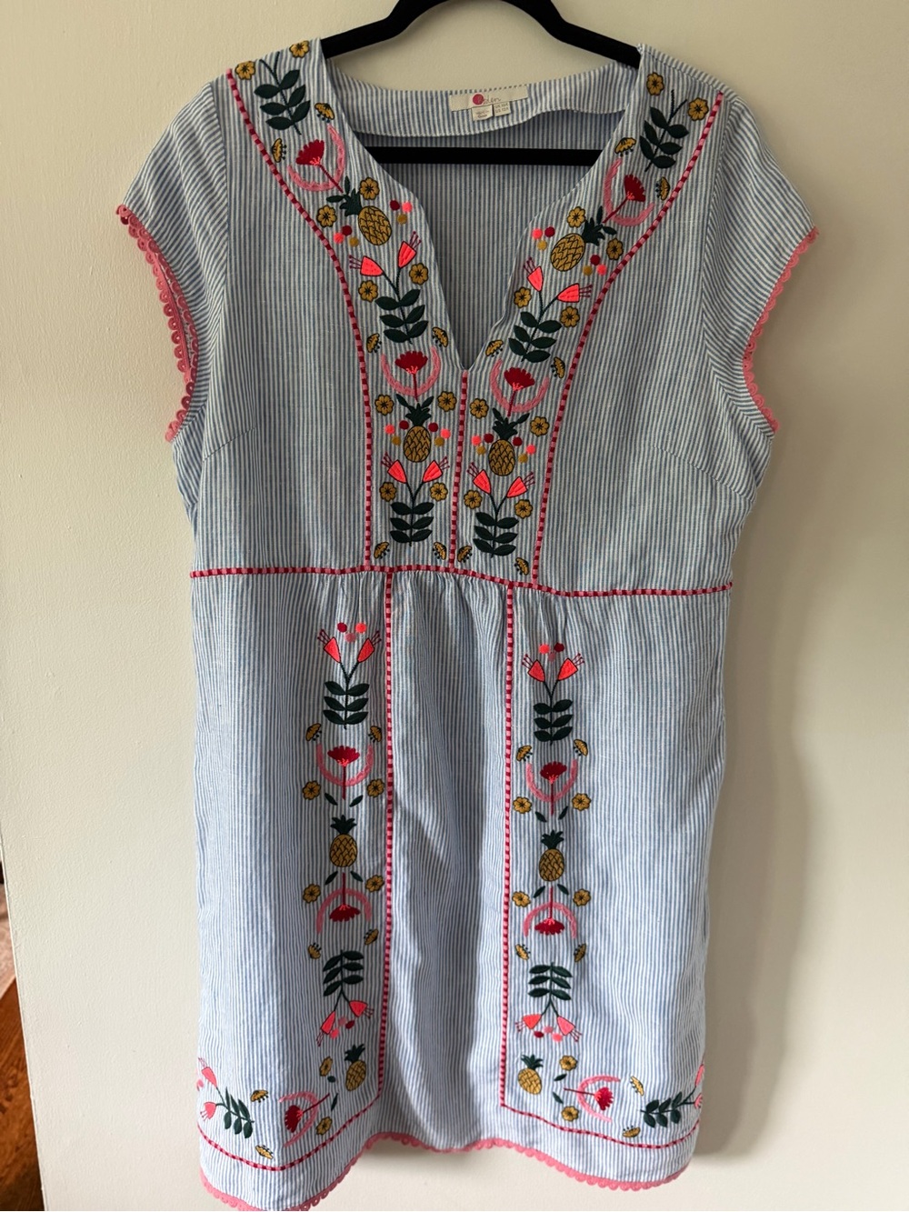 Boden Linen Blend Embroidered Striped Shift Dress Blue White Floral | US 12R - Picture 3 of 5